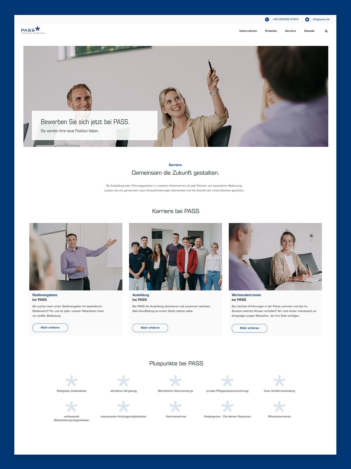 Ein Website-Screenshot, der die Karriere-Kampagne der "PASS GmbH" zeigt