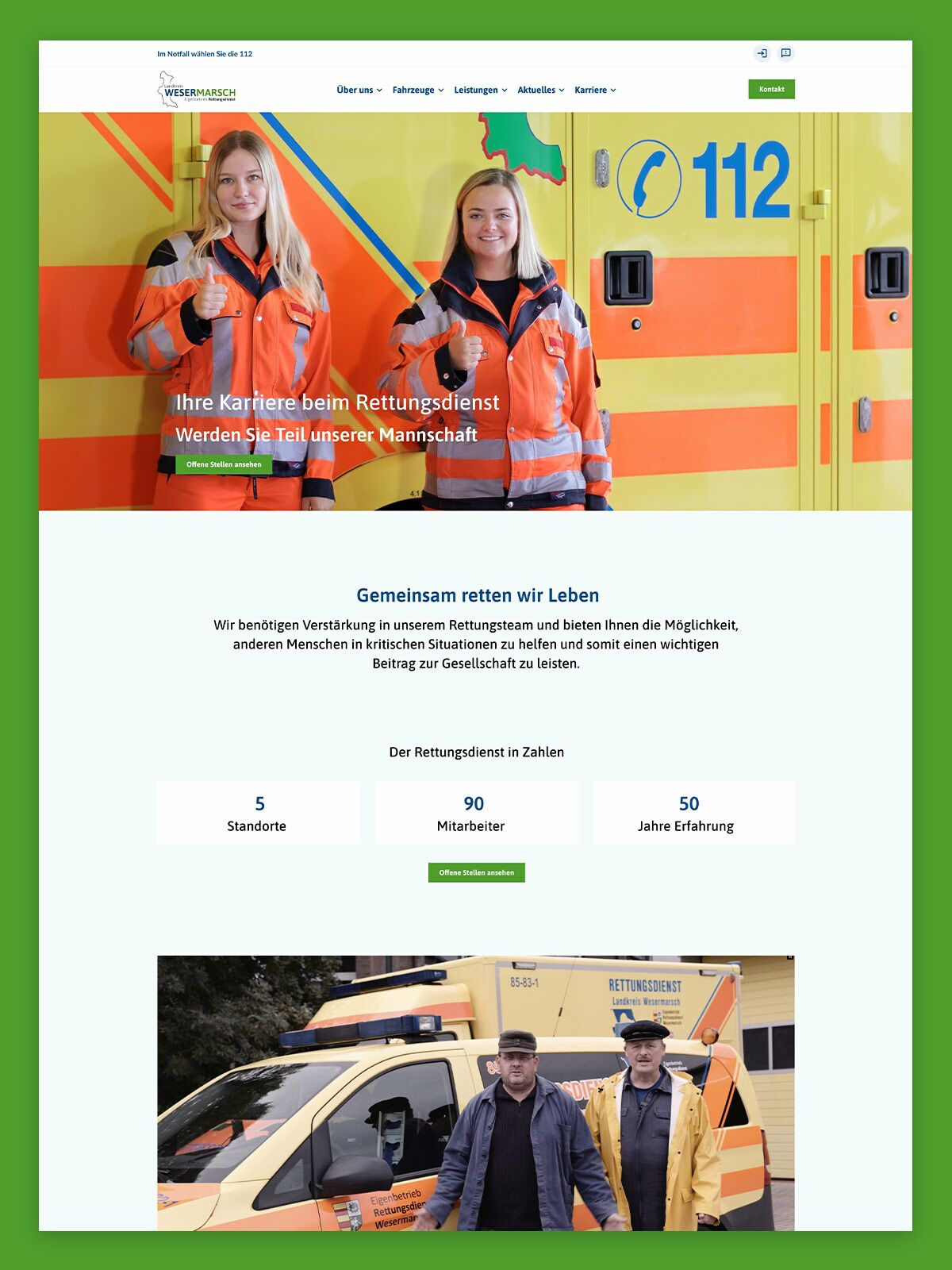 Ein Website-Screenshot, der die Karriere-Kampagne des "Rettungsdienst Wesermarsch" zeigt.